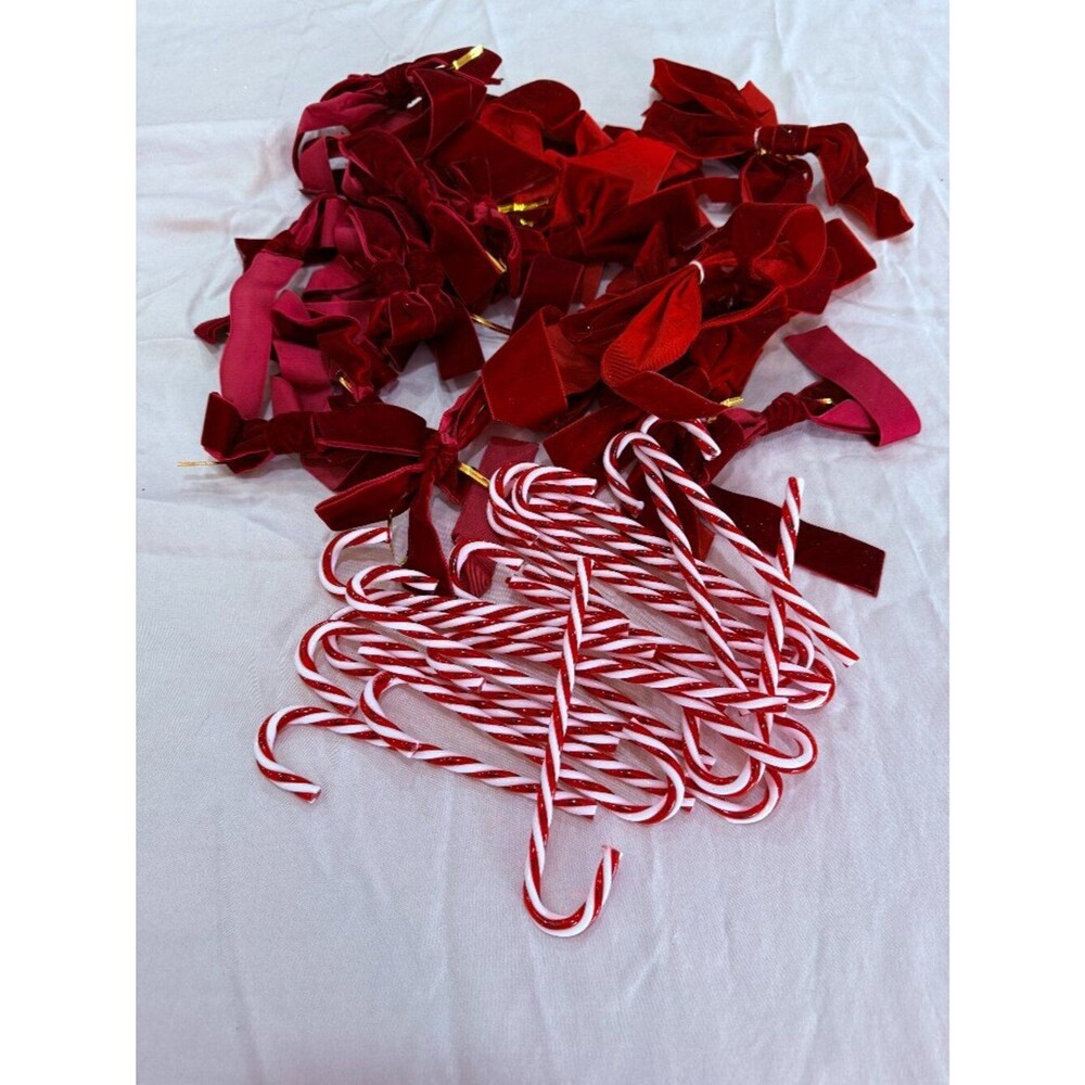 Velvet Bow Candy Cane Christmas Ornaments | Red Velvet Ribbon Holiday